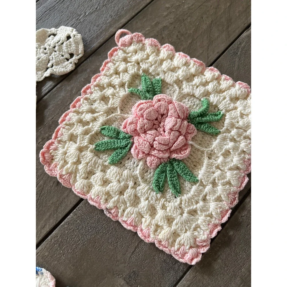 Vintage Handmade Crochet Doilies and Rose Pot Holder Set White Pink Green Blue